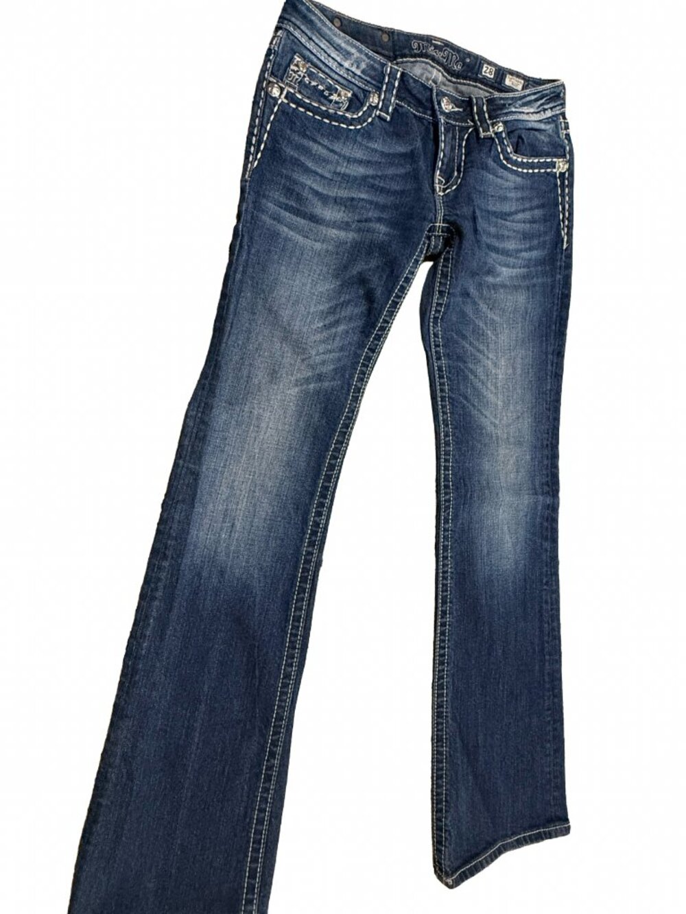 Miss Me Bootcut Jeans Size 28 Dark Wash Embellished Flap Pocket Thick Stitch JS5